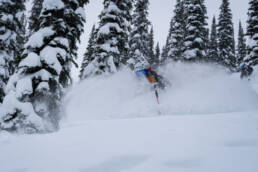 A skier in deep snow at White Grizzly Cat Skiing i nMeadow Creek BC.