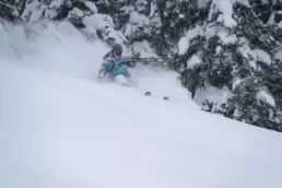 Skier immersed in turns and deep powder bliss found in the best cat skiing terrains of White Grizzly in BC.