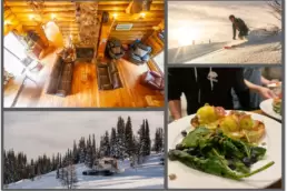 Four highlights at White Grizzly Cat Ski: gourmet meals, pristine ski lines, breathtaking scenery, and a charming rustic log cabin.